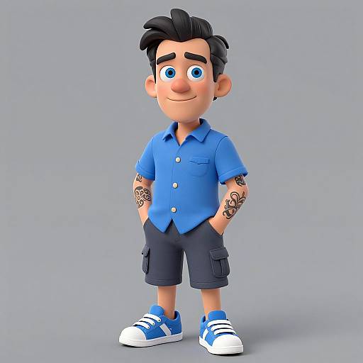 3D cartoon boy with black spiky hair, blue shirt, black shorts, blue and white sneakers, tattoos on arms, smiling, standing against gray