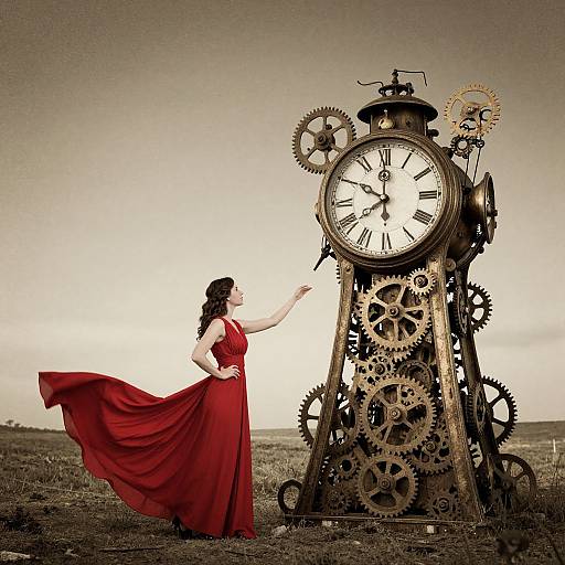 Photograph of a woman in a flowing red dress, standing beside a steampunk clock tower with gears, reaching up to touch it in a barren