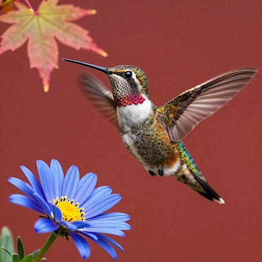 Hummingbird in Flight with Blue Daisy and Maple Leaf