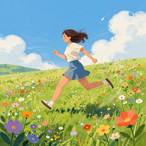 Digital illustration of a brown-haired girl in a white shirt and blue skirt, running joyfully through a vibrant, colorful meadow of flowers under a bright