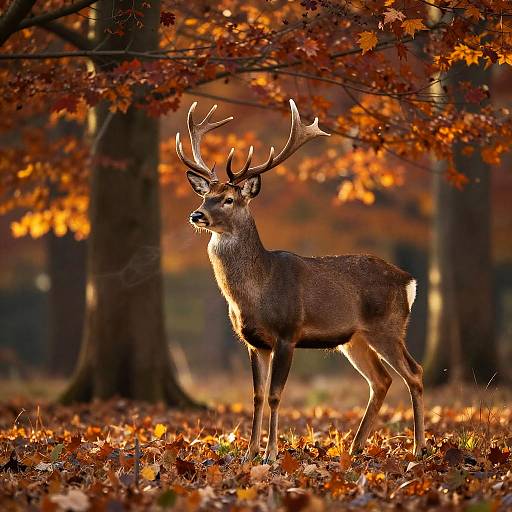 Photograph of a majestic deer with large antlers standing in an autumn forest, surrounded by vibrant orange and red leaves.