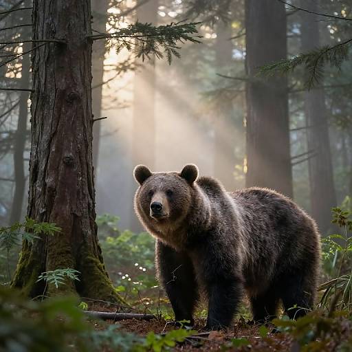 Photograph of a large, brown grizzly bear standing in a sunlit, misty forest with tall trees and lush green undergrowth.
