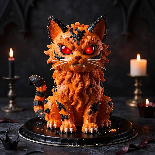 Photograph of a detailed, orange and black, wavy-textured cat cake with red eyes, surrounded by lit candles on a dark, textured surface