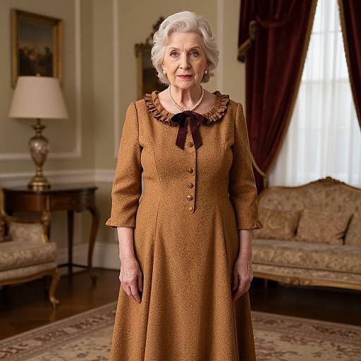 Photograph of an elderly white woman with short, wavy gray hair, wearing a brown dress with black ribbon, standing in a classic, elegantly