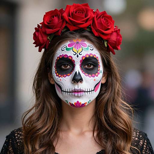 Photograph of a woman with white face paint, red floral eye sockets, black nose, and red rose headband, wearing a black lace top.