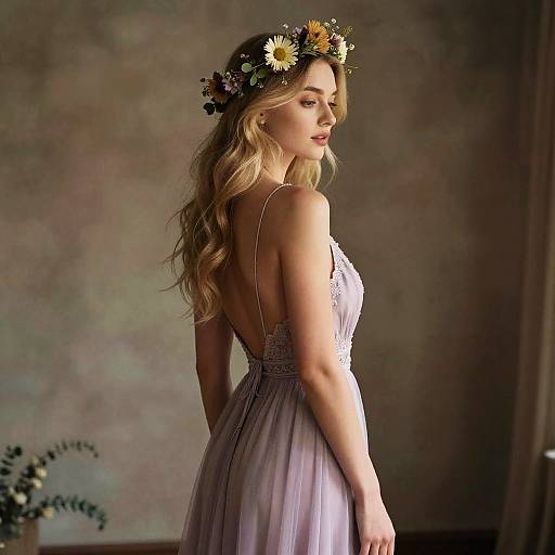 Photograph of a blonde woman with wavy hair, wearing a floral crown and a backless, lace-trimmed, lavender dress, standing in
