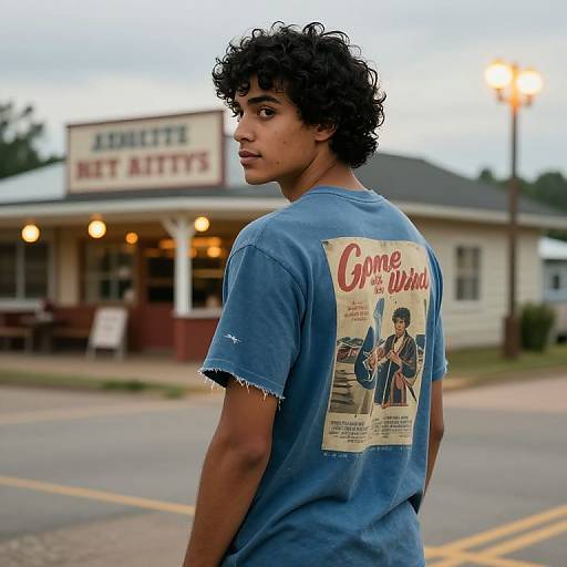 Photograph of a young man with curly black hair, wearing a frayed blue t-shirt with a vintage 
