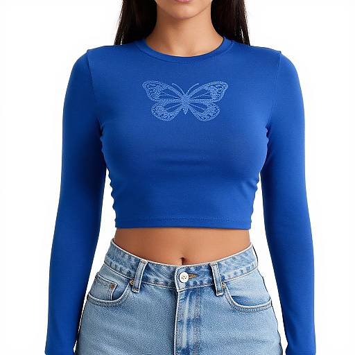 Photograph of a woman with long black hair, wearing a vibrant blue, long-sleeve, cropped top with a detailed butterfly design, and high