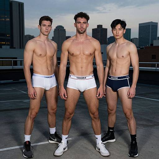 Photograph of three muscular, shirtless men wearing white, black, and white briefs, standing on a rooftop at sunset, cityscape background.