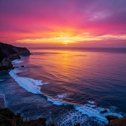 Photograph of a vivid sunset over a coastal landscape with purple, pink, and orange sky reflecting on calm, dark blue ocean waves. Cliffs and