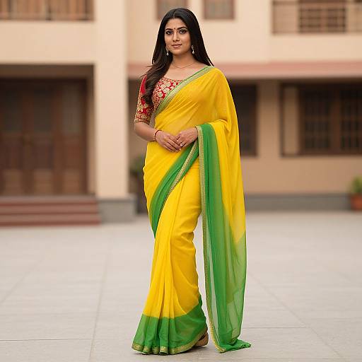 Woman in Embroidered Saree on Tiled Floor