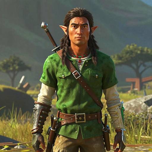 CGI image of a tall, muscular, dark-haired elf with pointed ears, wearing a green shirt, brown belt, and sword, standing in a