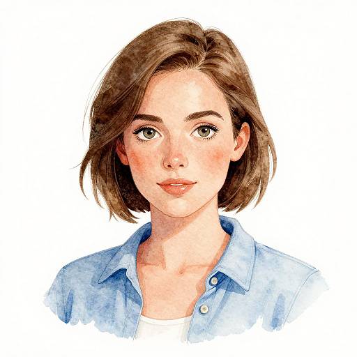 Watercolor portrait of a young woman with short brown hair, light blue eyes, and a light blue button-up shirt, smiling softly against a white background