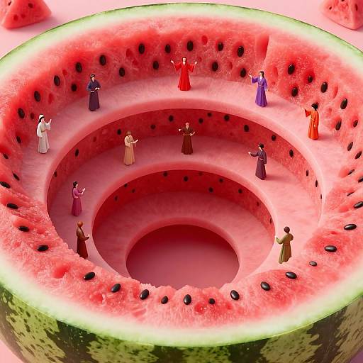 Digital art: Miniature people in colorful dresses stand inside a large, hollow watermelon slice with seed-filled red flesh and green rind.