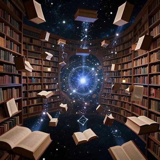 Digital artwork of a cosmic library: floating books surround a glowing, starry center, with shelves of books on either side.