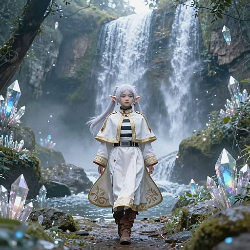 Digital fantasy artwork of an elven woman with long white hair, pointed ears, white and gold robe, brown boots, walking through a crystal-filled,