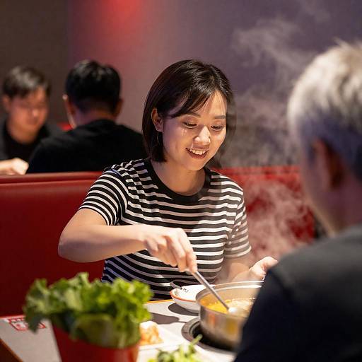 Cheerful Asian Woman Cooking in Red Booth