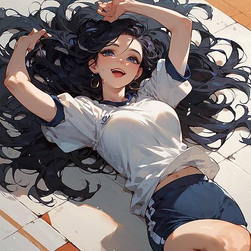 Smiling Anime Girl with Long Black Hair in Gym Uniform