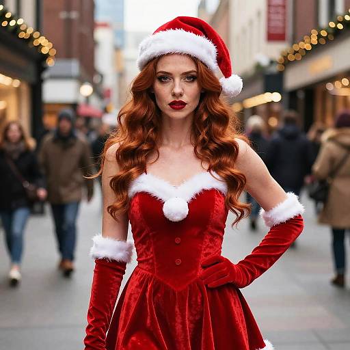 Photograph of a red-haired woman in a festive red velvet dress and Santa hat, with white fur trim, standing confidently on a bustling city street at