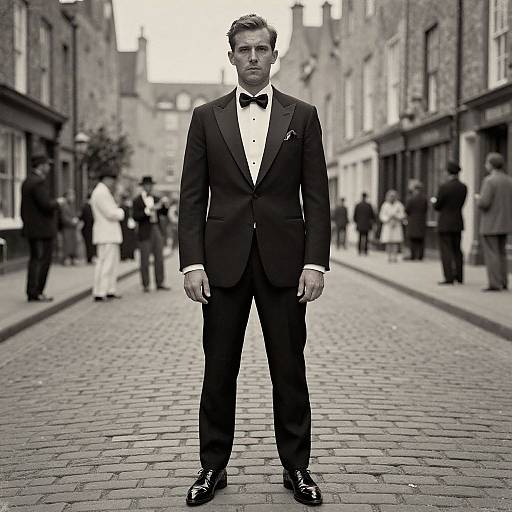 Black-and-white photograph of a serious, handsome man in a classic tuxedo with bow tie, standing center on a cobblestone street, surrounded