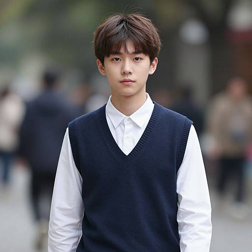 Young Asian male with straight dark brown hair, wearing a white shirt and black sleeveless sweater, standing in a blurred urban background. Photographic portrait.