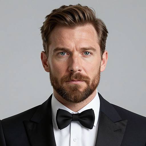 Photograph of a handsome, blue-eyed, bearded man with brown hair, wearing a black tuxedo and bow tie, against a plain light