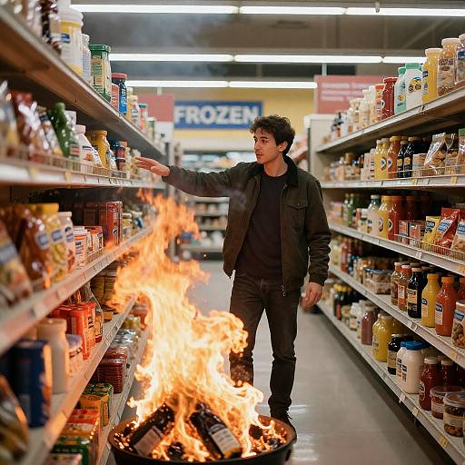 Man in Grocery Aisle Surrounded by Flames