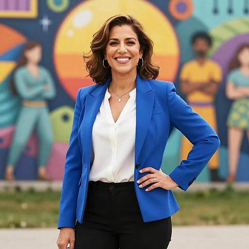 Photograph of a smiling woman with wavy brown hair, wearing a blue blazer, white blouse, and black pants, standing in front of a