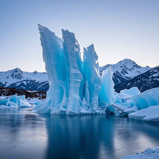 Photograph of towering, translucent blue ice formations rising from a calm, reflective icy lake, with snow-capped mountains in the background under a clear,