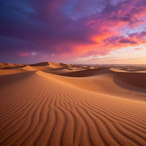Photograph of a desert landscape at sunset, featuring rippled sand dunes under a dramatic sky with vibrant purple, pink, and orange clouds.