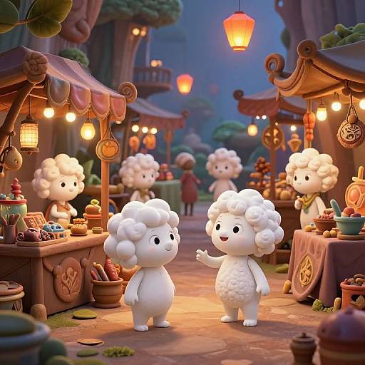 Whimsical CGI scene of fluffy white sheep-like characters in a nighttime market stall village, surrounded by warm lanterns and colorful goods.