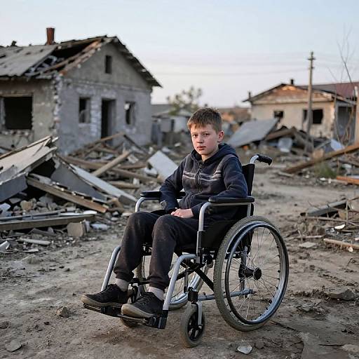 Boy in Wheelchair Amid War Ruins