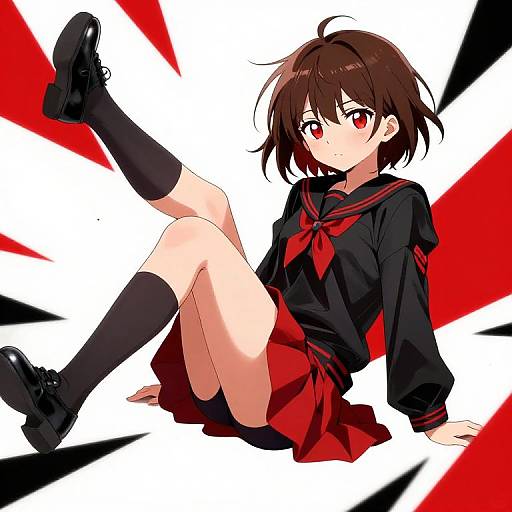 Anime-style digital drawing of a brown-haired girl with red eyes, wearing a black sailor uniform and red skirt, sitting against a white background with red and
