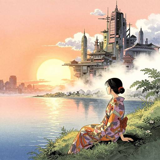Anime-style illustration of a woman in a floral kimono, sitting by a lake at sunset, with a futuristic cityscape in the background. Vibrant