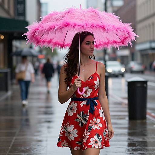 Photograph of a young woman with long brown hair, wearing a red floral dress and holding a pink feathered umbrella, walking on a wet, rainy