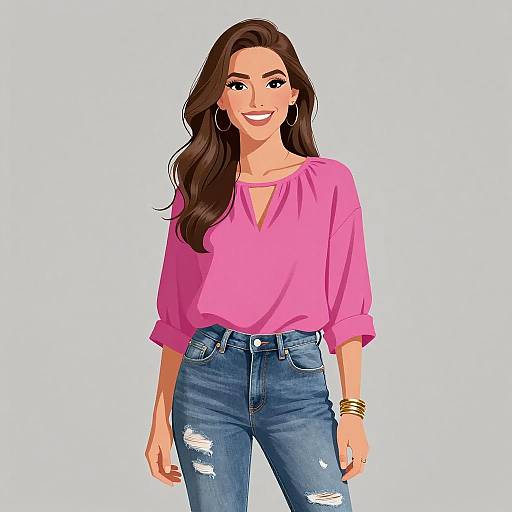 Digital illustration of a smiling woman with long brown hair, wearing a pink blouse and blue distressed jeans, accessorized with hoop earrings and gold bracelets.