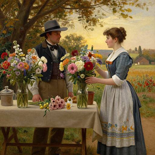 Victorian-era painting of a man and woman in floral dresses, exchanging flowers at a table in a sunny countryside garden.