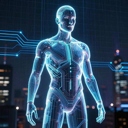 Digital CGI of a glowing, blue neon wireframe human figure standing in a futuristic cityscape at night, with blurred city lights in the background.
