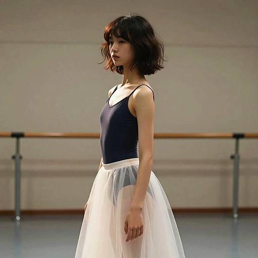 Photograph of an Asian ballet dancer with short black hair, wearing a black tank top and white tulle skirt, in a dance studio.