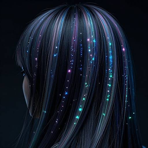 Digital artwork of a dark-haired person with glowing blue, purple, and teal strands of hair illuminated against a black background.