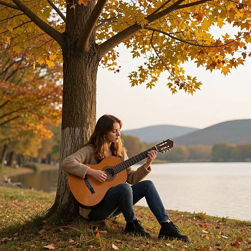 Photograph of a young woman with long brown hair, wearing a beige sweater and blue jeans, sitting against a tree, playing an acoustic guitar in an