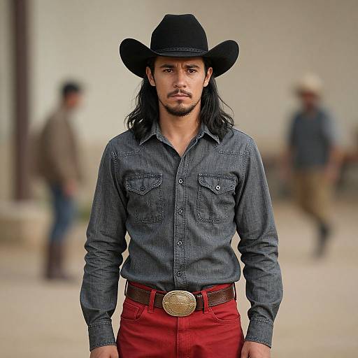 Photograph of a handsome, long-haired man in a black cowboy hat, gray denim shirt, and red pants with a brown belt, standing confidently in