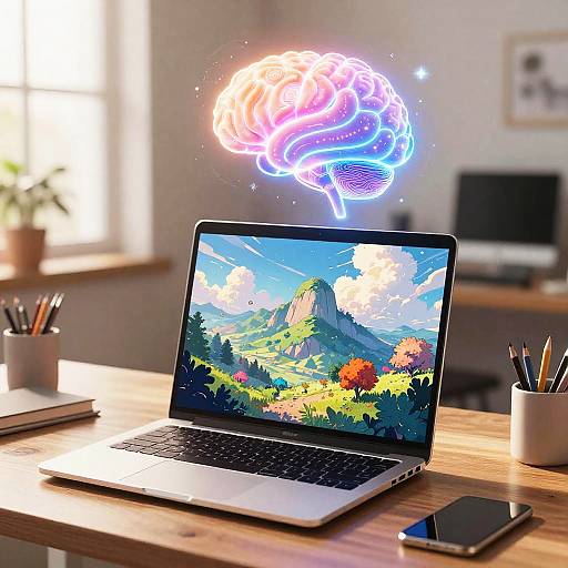 Anime AI Laptop Creating Landscapes