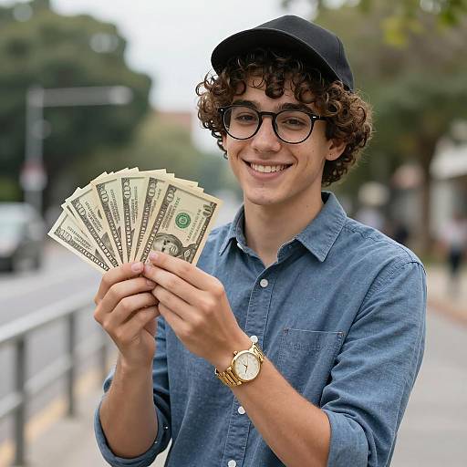 Young Man Holding US Dollar Bills Outdoors
