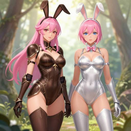 Digital anime-style artwork of two pink-haired women in bunny costumes; one in black armor, the other in silver, standing in a sunlit forest.