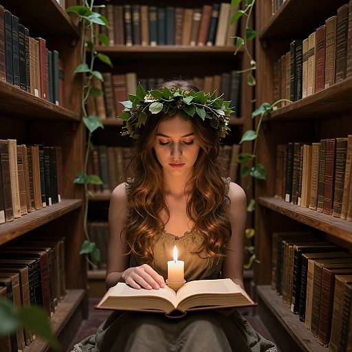 Photograph of a fair-skinned, long brown-haired woman with a green leafy crown, sitting between wooden bookshelves, reading an open book