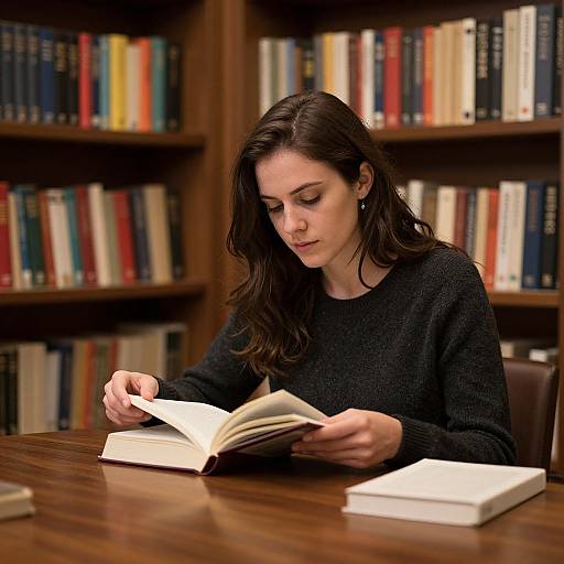 Photograph of a focused woman with long dark hair, wearing a black sweater, reading a book at a wooden library table. Shelves with colorful books