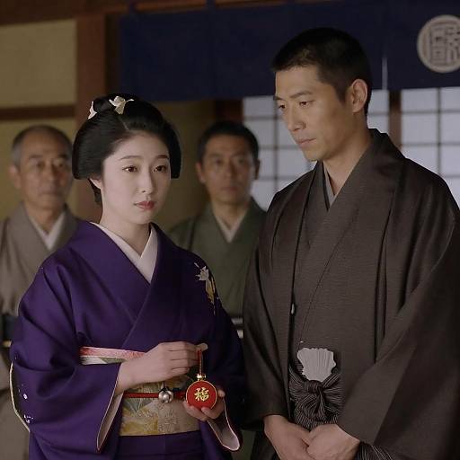 Japanese Couple in Traditional Attire Indoors