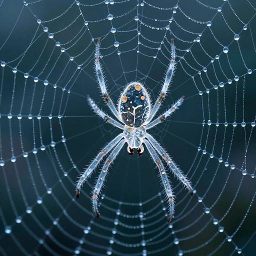 Photograph of a glowing, white-spined spider with orange spots on its abdomen, centered on a dew-covered web against a dark blue background.