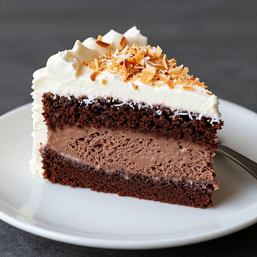 Photograph of a slice of layered chocolate cake with rich, dark brown cake, creamy chocolate filling, topped with white whipped cream and crunchy caramel pieces on